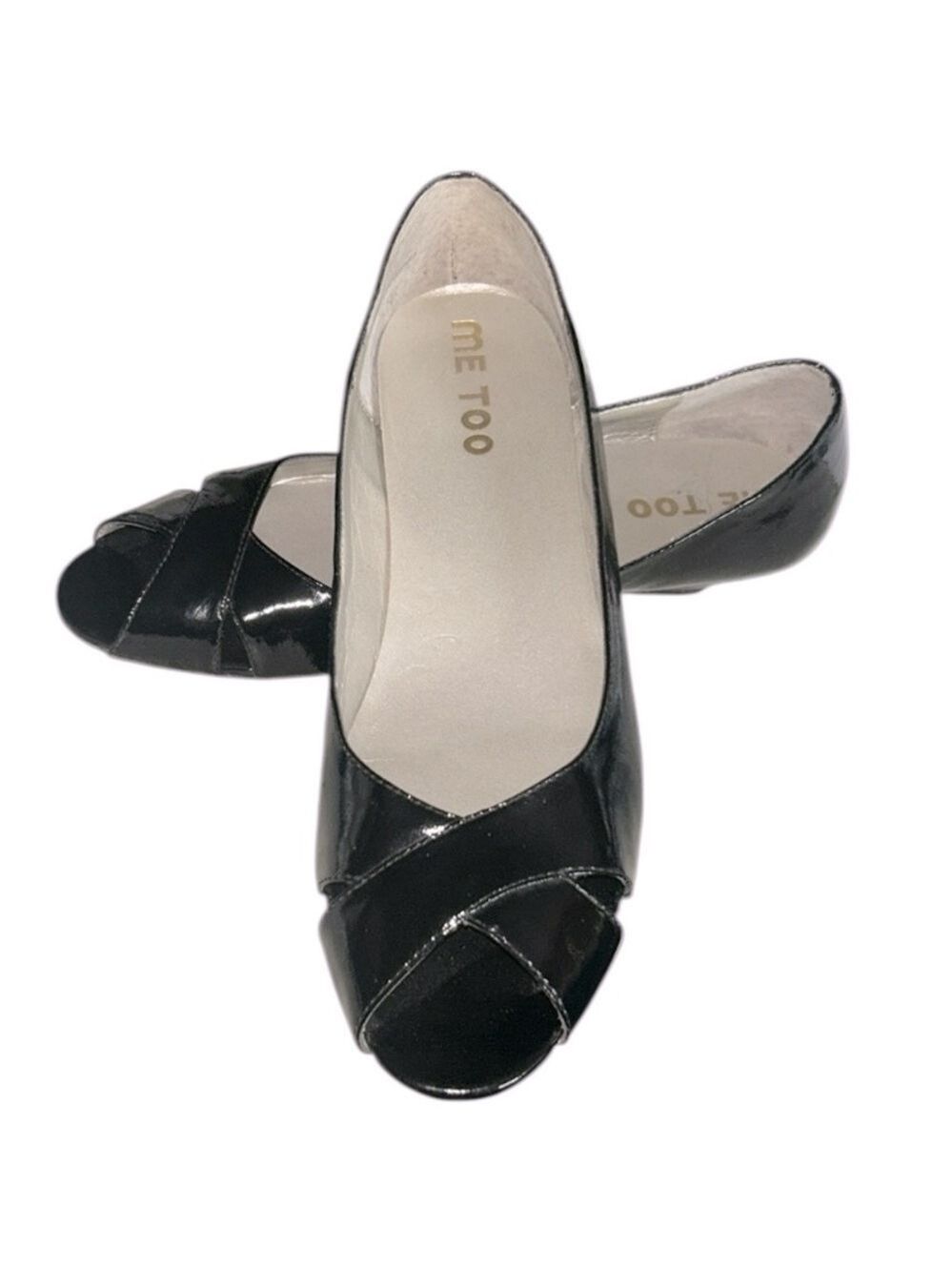 Me Too Summer Kitten Heel Wedge Black Patent Leather Peep Toe Shoes Size 9.5